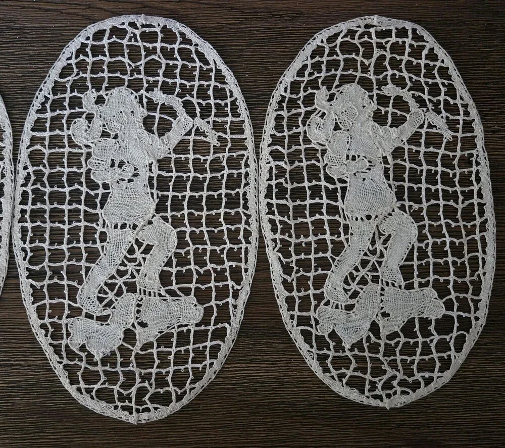 4 Antique Figural Needle Lace Doilys Inserts Applique Table Decoration Oval